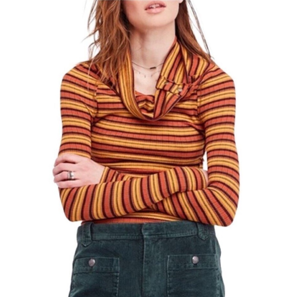 Free People Women's Orange Striped Cape Cold Cowl Neck Basic T-Shirt Size S